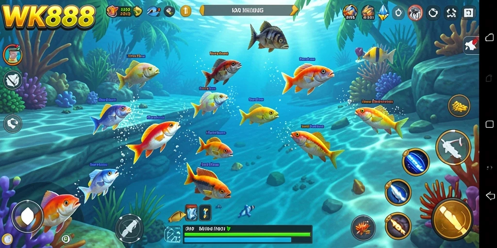 Screenshot menunjukkan aksi seru dalam permainan Tembak Ikan WK888.